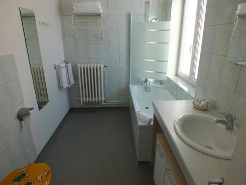 a bathroom with a sink and a bath tub at Hotel La Prairie in Méaudre