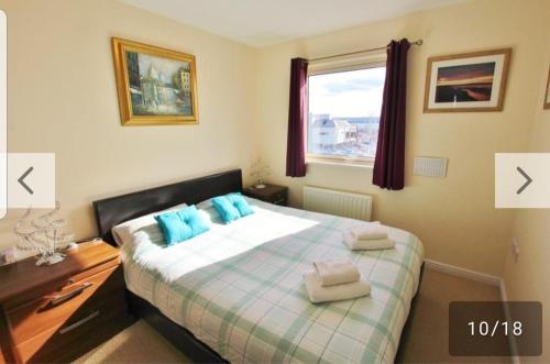 a bedroom with a bed with blue pillows and a window at island reach in Poole