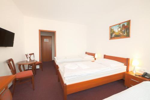 a room with two beds and a desk and a tv at Interhotel Bohemia in Ústí nad Labem