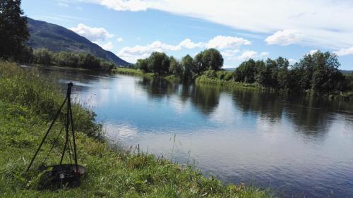 a view of a river with some grass and trees at Surnadal Camping Brekkøya in Surnadal