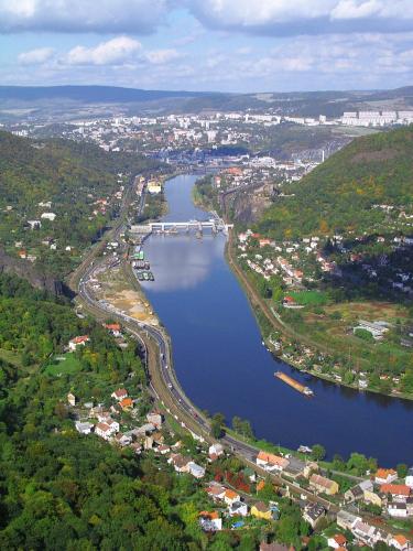 an aerial view of a river and a city at Interhotel Bohemia in Ústí nad Labem