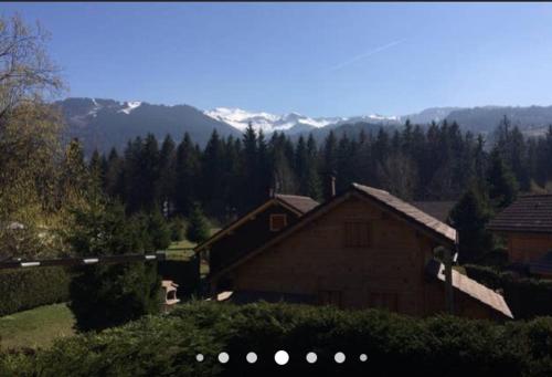 a barn with snow capped mountains in the background at CHALET Indépendant Les Petits Yetis in Verchaix