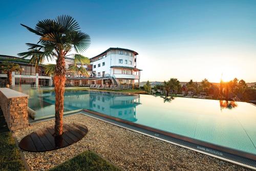 a large swimming pool with a palm tree in front of a building at Hotel & Spa Larimar in Stegersbach