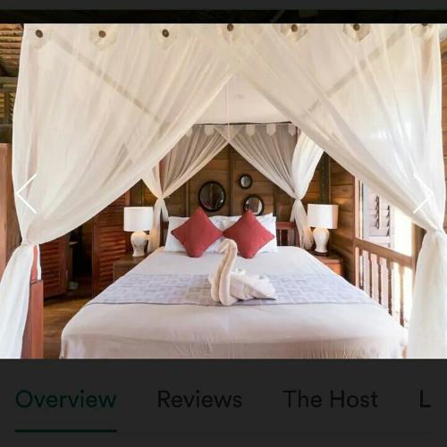 a bedroom with a canopy bed with red pillows at tanabendang banglos in Pantai Cenang