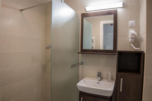 a bathroom with a sink and a shower with a mirror at Mecset Apartman in Eger