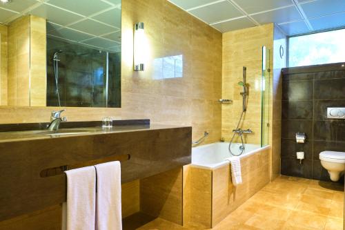 a bathroom with a sink and a shower and a toilet at Lancaster Accra in Accra