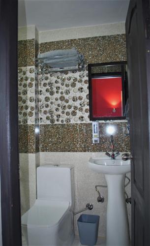 a bathroom with a toilet and a sink and a tv at BillingVista Guest House Bir in Bīr