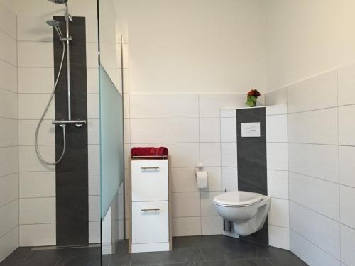 uma casa de banho com um WC e um chuveiro em Easy Stay Home em Oberboihingen