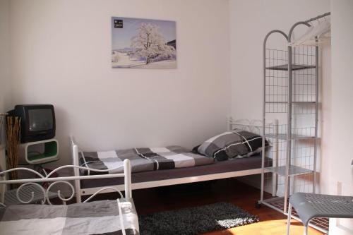 ein Schlafzimmer mit einem Etagenbett und einem Regal in der Unterkunft Ferienwohnung Ferienliebe Lahn Dill in Hochelheim