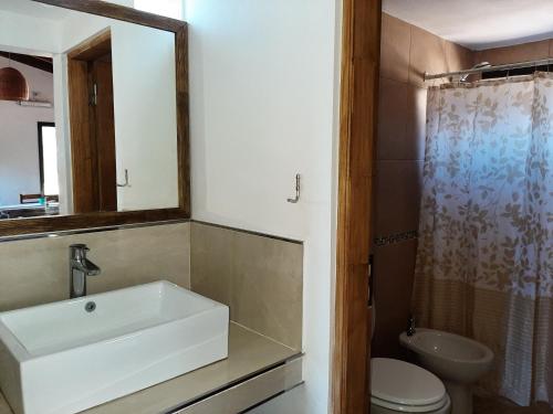 ein Badezimmer mit Waschbecken, Toilette und Spiegel in der Unterkunft CABAÑAS SUKHA in Santa Rosa de Calamuchita