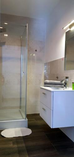 a bathroom with a shower and a sink at Zielone Apartamenty Katowice Chorzów in Chorzów