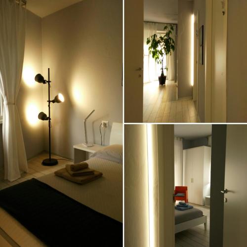two pictures of a bedroom with a bed and a lamp at Le3stanze in Borgomanero