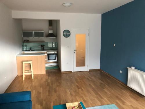 an empty living room with a kitchen with blue walls at Studio&apartments Snow in Bjelašnica