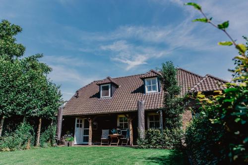 a house with a red roof and a yard at Blauwe Lucht in Deurne