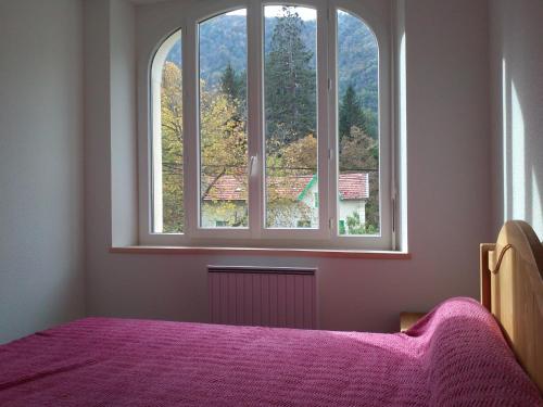 1 dormitorio con cama morada y ventana grande en T2 250m du centre ville AX-LES-THERMES, en Ax-les-Thermes