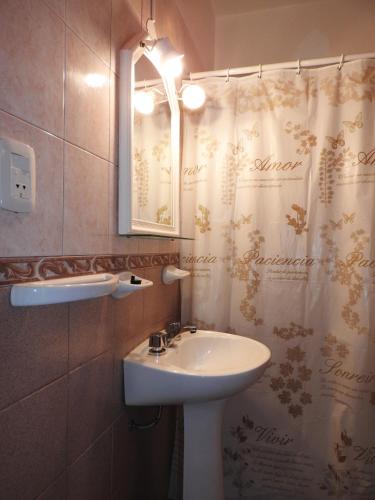 a bathroom with a sink and a shower curtain at Sol De La Patagonia in Las Grutas