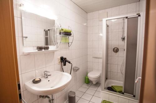 a bathroom with a sink and a shower and a toilet at Pension Haus am Walde in Schmallenberg