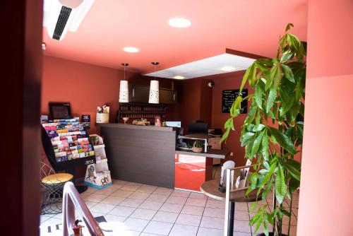 una tienda con un mostrador y una planta en una habitación en Logis Hôtel Restaurant Azalées en Tournon-sur-Rhône