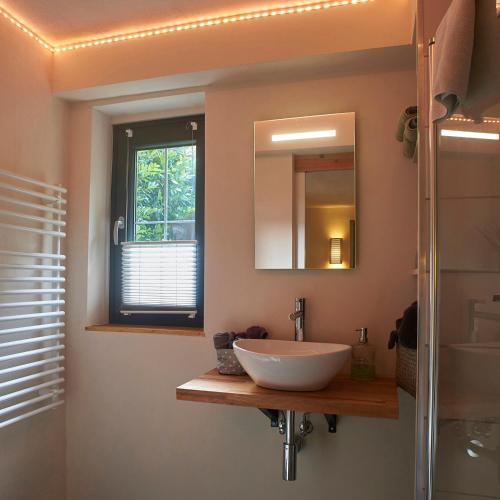 a bathroom with a sink and a mirror at Biggi‘s Garten-Finca in Flonheim