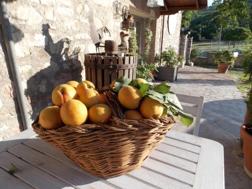 a basket of fruit sitting on a table at B&B Nonna Rosa in Norcia
