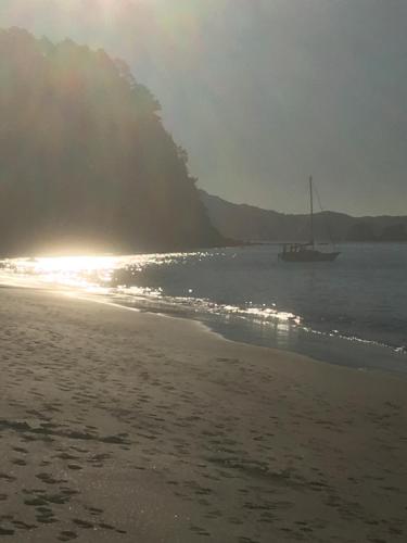 a boat is in the water on a beach at Hahei Pavillion Guest House in Hahei