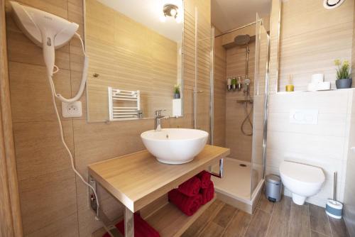 a bathroom with a sink and a shower and a toilet at Beausoleil Studio Metro Paris Sud in Le Kremlin-Bicêtre