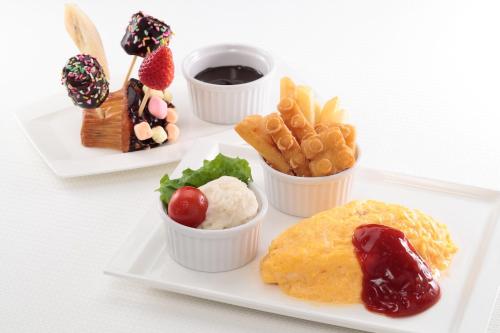 a plate with three different types of food on it at LEGOLAND Japan Hotel in Nagoya