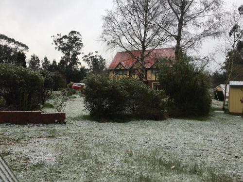 a house with a red roof in a yard at Oaktree Guest House in Narbethong