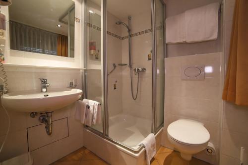ein Bad mit einer Dusche, einem Waschbecken und einem WC in der Unterkunft Hotel Post Leutkirch in Leutkirch im Allgäu