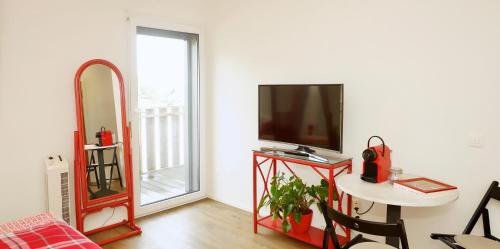 uma sala de estar com televisão e uma mesa com espelho em Cave Du Treyblanc em Luins