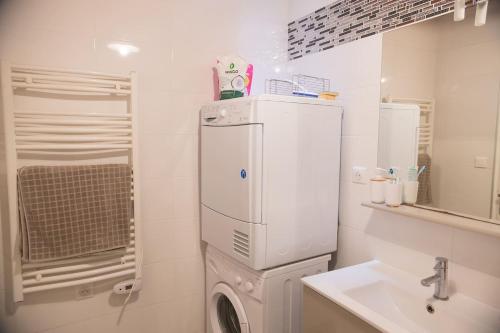 une cuisine avec un réfrigérateur blanc et un évier dans l'établissement HOSSEGOR LA VIGIE entre lac et océan, à Soorts-Hossegor