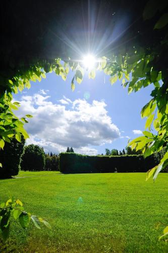 a field of green grass with the sun in the sky at Elegans Hotel Brdo in Kranj