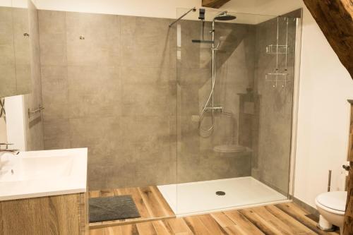 a shower with a glass door in a bathroom at Appartement style industriel avec terrasse in Givet