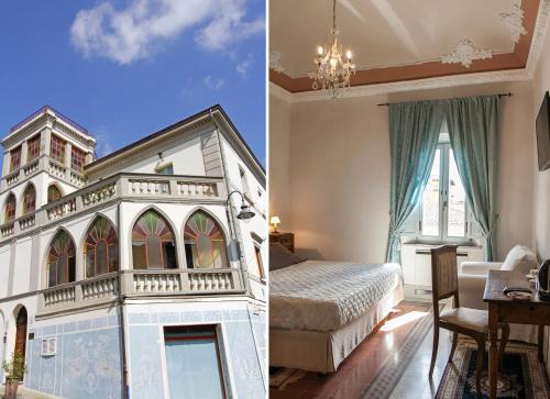 two pictures of a bedroom with a large house at Villa Garibaldi in Bettolle