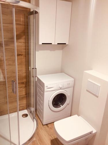 a bathroom with a washing machine and a toilet at Apartament Claudia I in Puerto de Mazarrón