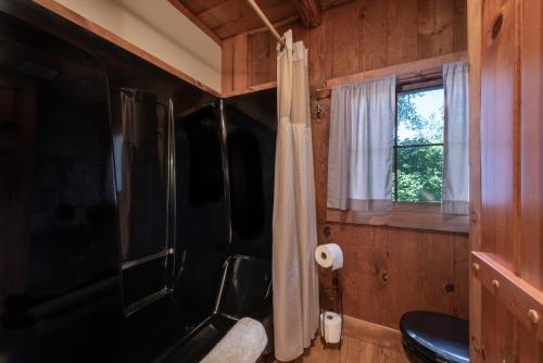 baño con ducha y aseo y ventana en The Davies Family Inn, en Placerville