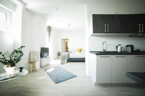 een keuken met witte kasten en een kamer met een bed bij Prime Park Apartment Aschaffenburg in Aschaffenburg