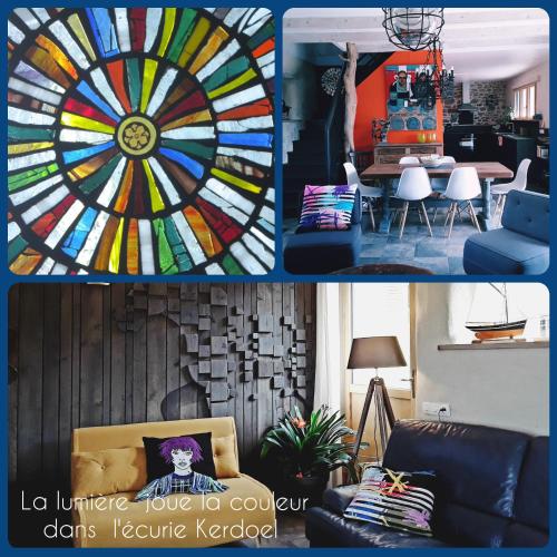 a collage of pictures of a living room with a stained glass window at L'écurie Kerdoel in Cléder