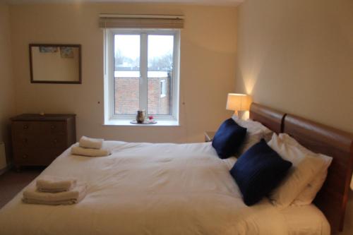 a bedroom with a large white bed with a window at Cossack Holiday Home in Winchester