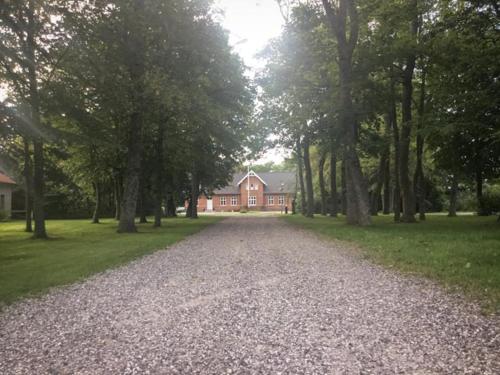 a gravel road in front of a house with trees at Rotzowlund BnB in Grenå