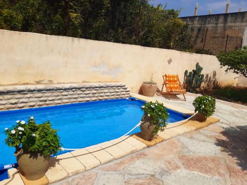 einen Pool mit einem Stuhl und Topfpflanzen in der Unterkunft Appartamento Via Vulcano in Trapani