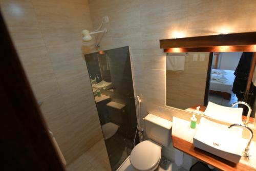 a bathroom with a toilet and a sink and a mirror at Pousada do Gunga in Barra de São Miguel