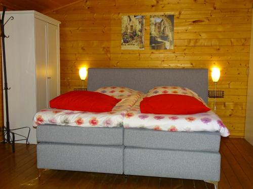 een bed met twee rode kussens in een kamer bij B&B Zeijen in Zeyen