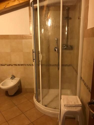 a bathroom with a shower and a toilet and a sink at Albergo Antica Luni in Luni
