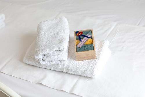 a pile of towels and a picture on a bed at gatis house in Naxos Chora