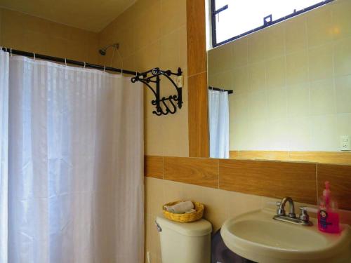 La salle de bains est pourvue d'un lavabo, de toilettes et d'un miroir. dans l'établissement La Catrina Hostel, à San Miguel de Allende