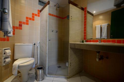 a bathroom with a toilet and a shower and a sink at Rede Andrade Mar Hotel - Rio Vermelho in Salvador