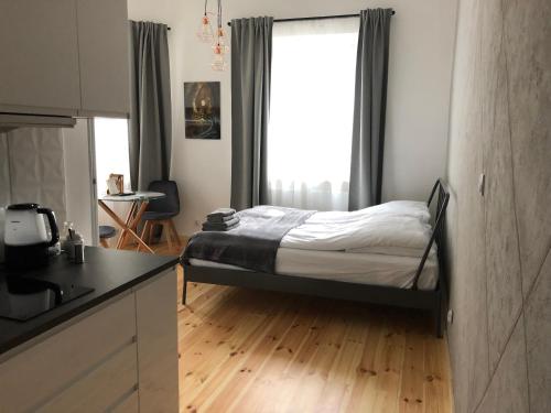 niewielka sypialnia z łóżkiem i oknem w obiekcie Apartamenty Mikubo Wrocław we Wrocławiu