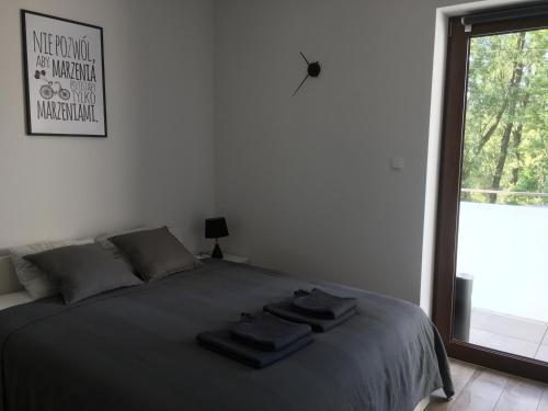 - une chambre avec un lit et des serviettes dans l'établissement Studio Fibra Lungo, à Rybnik