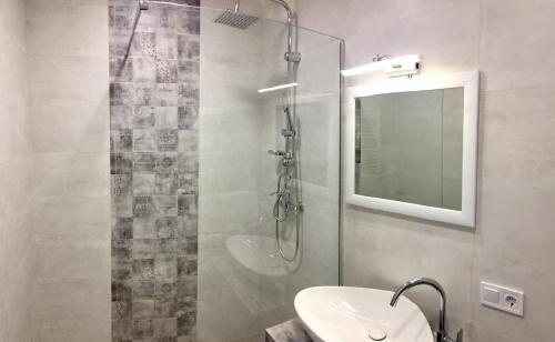 bagno con doccia, lavandino e specchio di New Gudauri Loft 2 a Gudauri